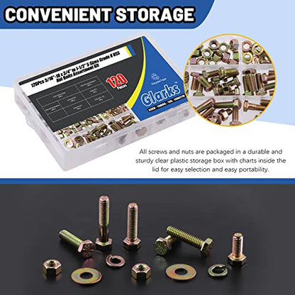 Glarks 120Pcs 5/16"-18 Grade 8 Coarse Thread Hex Bolts Nuts Screws Washers Assortment Kit, 4 Size 3/4", 1", 1-1/4", 1-1/2" Hex Head Cap Screws and Hex Nuts Flat Washers Lock Washers Set