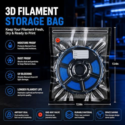 25 Pack 3D Filament Vacuum Storage Bags, Light Blocking Filament Bags with One Way Valve and U-Shaped Double Zipper, 18C PA+PE Reusable Vacuum Seal Storage Bags for 1KG PLA PETG ABS TPU Nylon Filament - size: 25 bags(Only)
