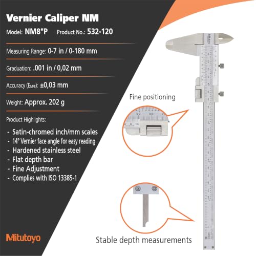 Mitutoyo 532-119 Vernier Caliper, Stainless Steel, Inch/Metric, 0-5" Range, +/-0.0011" Accuracy, 0.001" Resolution