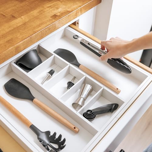 KitchenEdge Utensil & Junk Drawer Organizer, 19-33 in, White Bamboo - color: White Bamboo, size: From 19" to 33" Wide