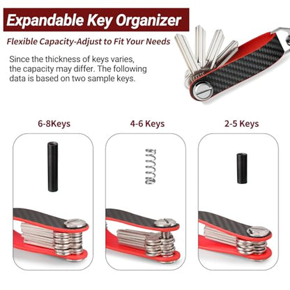 T-carbon Carbon Fiber Key Organizer, Compact Key Holder, Silent Keychain, Expandable Key Case Holds Up to 8 Keys - color: Red
