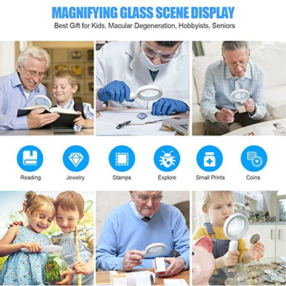 Rechargeable Magnifying Glass with Light, 30X 4.7IN Handheld Large Lightweight Lighted Magnify Len 21 LED 3 Modes Illuminated Book Magnifier for Senior,Reading,Inspection,Coin,JewelryChristmasGift - color: Grey+white