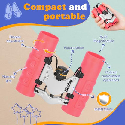 Real Binoculars for Kids Gifts for 3-12 Years Boys Girls 8x21 High-Resolution Optics Compact Toy Binocular for Bird Watching,Travel, Camping - color: Rose
