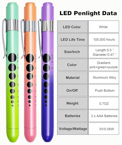 MEUUT Medical Pen Lights for Nurses 3 Pack & 6 AAA Batteries for EMT - color: Gradient-pink+green+purple