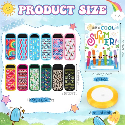 24 Sets End of Year Gifts for Students Bulk Summer Ice Pop Sleeves Reusable Colorful Freezer Ice Pop Holders Bags Cool Summer Cards Ribbons School Grad Birthday Beach Pool Party Favors - style: Tropical
