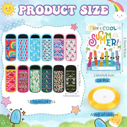 24 Sets End of Year Gifts for Students Bulk Summer Ice Pop Sleeves Reusable Colorful Freezer Ice Pop Holders Bags Cool Summer Cards Ribbons School Grad Birthday Beach Pool Party Favors - style: Tropical