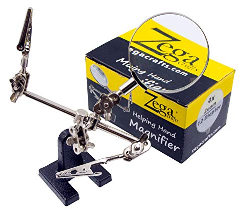 Zega Crafts Helping Hand Magnifier – Adjustable 4X Magnifying Glass on Metal Base with 2 Adjustable Alligator Clips –Designed for Soldering, Crafting and Small Precision Projects