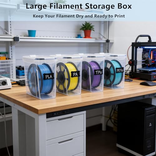 4 Pack Filament Storage Container for 3D Printing Filaments Sealing and Protection, 3D Printer Filament Storage Dry Box with Desiccant&Label, Water and Dust-Proof 4.0L, Transparent (9.45*9.25*4.3)
