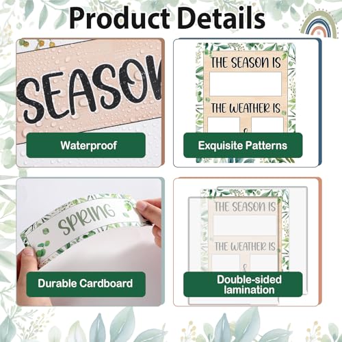 Eucalyptus Leaves Season and Weather Calendar Bulletin Board Season Calendar Posters with Weather Cards Hook and Loop Dots for Classroom Wall Decor Preschool Kindergarten Student Teacher Supplies - style: Eucalyptus Leaves