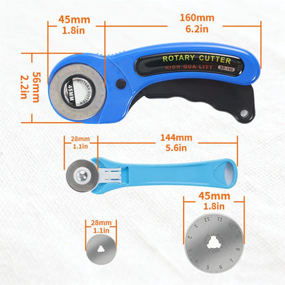 Rotary Cutter for Fabric, 45mm and 28mm Cutters Kit with Extra 10 Blades - color: Blue