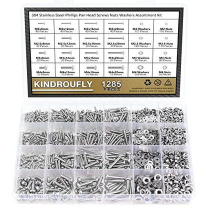 1285 Pieces M2 M2.5 M3 M4 Phillips Pan Head Machine Screws Nuts Washers Assortment Kit, 304 Stainless Steel, Fully Machine Thread - size: M2 M2.5 M3 M4