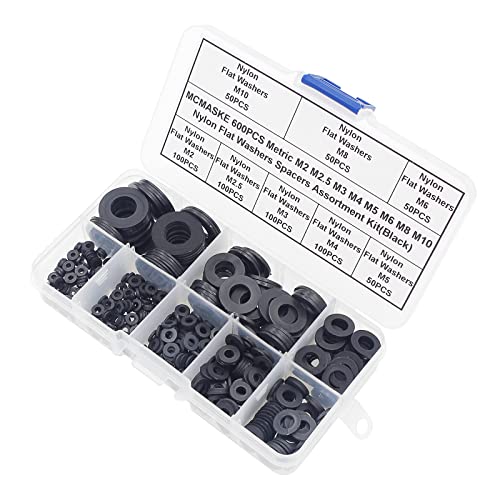 600PCS Metric M2-M10 Black Nylon Flat Washers Spacers Kit - color: Black