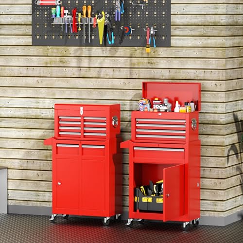 Oakcloud Heavy-Duty 5-Drawer Rolling Tool Chest & Cabinet Combo with Black Liner – Lockable Steel Garage Tool Box on Wheels – Detachable Top Toolbox & Bottom Storage Cart with Side Hooks, Red - color: Red, size: 5-drawer