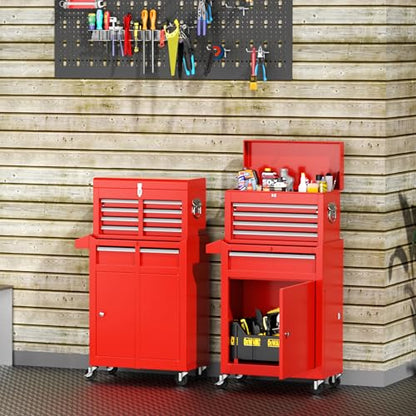 Oakcloud Heavy-Duty 5-Drawer Rolling Tool Chest & Cabinet Combo with Black Liner – Lockable Steel Garage Tool Box on Wheels – Detachable Top Toolbox & Bottom Storage Cart with Side Hooks, Red - color: Red, size: 5-drawer