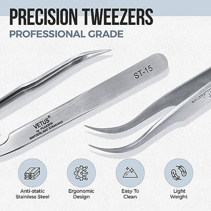 LASHVIEW Lash Tweezer, Vetus Curved Eyelash Tweezers for Profissional Grafting Eyelash Extension, Stainless Steel Needle Nose Tweezers for Lash Extension Stickers Precision Electronics, ST15 - size: ST15