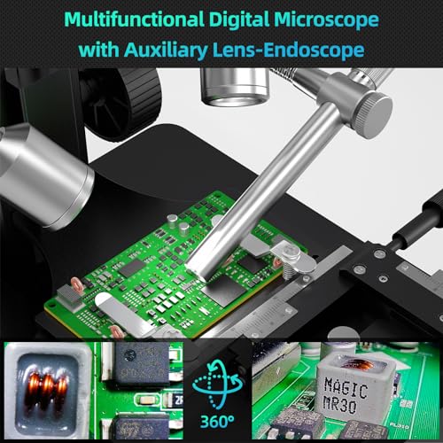 Andonstar AD269S 20X-5000X HDMI Digital Microscope, 5 Lens 2160P UHD Video - style: AD269S-10"+ Endoscope Kit+ Metal Biological Stand