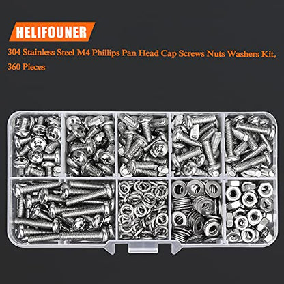 HELIFOUNER 360 Pieces M4 x 6mm /8mm /10mm /12mm /16mm /20mm, Phillips Pan Head Machine Screws, Metric Screws Bolts Washers Nuts Kit, 304 Stainless Steel - size: M4