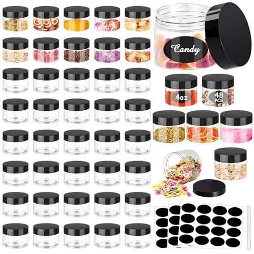 SLifeJars 4OZ Plastic Jars 48Pcs Wide Mouth Round Clear Container Jars with Black Lids Stackable Empty Slime Jar Refillable Clear Airtight Travel Storage Jar for Kitchen, Beauty Products and More