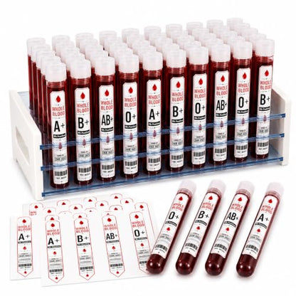 Havawish 50 Pcs Halloween Blood Type Kit 10ml Test Tubes with Rack Sticker