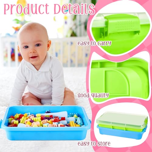 2 Pack Sensory Bin for Kids, 15inch Sand Tray with Lid, No-Mess Sensory Play Container for Sand, Building Blocks Storage, Portable Kids Activity Bin Indoor Outdoor(Blue, Green)