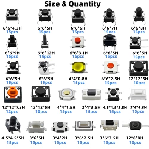 385PCS 27Values Micro Momentary Tactile Push Button Switch Assortment Kit 2 Pins/3 Pins/4 Pins Tact Pushbutton Switches Set - style: 385 PCS 27 Values