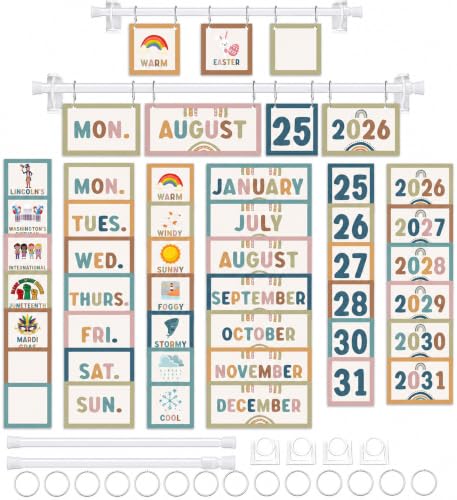 96 Cards Classroom Bulletin Board Decorations Set for Teachers,Flip Calendar with Holder for Classroom,Adjustable Calendar,Preschool Elementary Home Decor Supplies（Boho） - style: Modern Boho