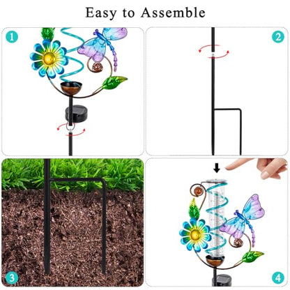 Solar Rain Gauge Outdoor, Dragonfly Rain Gauges for Yard - color: Blue Dragonfly