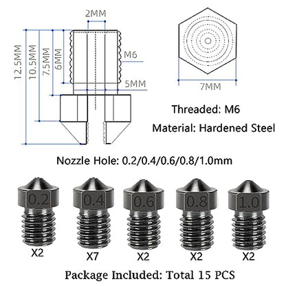 15PCS Hardened Nozzles Kit for Anycubic Kobra, 3D Printer 7PCS 0.4mm Nozzles and 2PCS 0.2mm, 0.6mm, 0.8mm, 1.0mm Wear Resistance Nozzles Kit for Anycubic Mega, Mega X, Chrion, Kobra Neo - style: Mega Harden Steel Multi Size