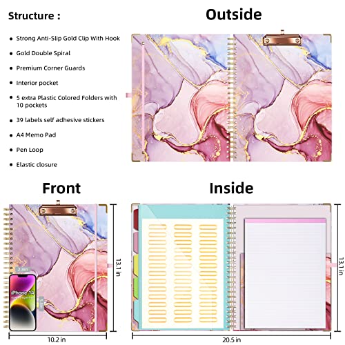 Ospelelf Clipboard with Storage 8.5 X 11，Padfolio Organizer, Spiral Portfolio Letter Size with Notepad, Pen Holder, 5 Extra Folder Divider Pages, Elastic Closure Nurse Office Essentials (Pink Marble) - color: Pink Marble