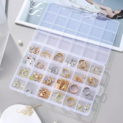24-Grid Clear Plastic Organizer Box, Mini Bead Storage with Hinged Lid, Craft Supply Container