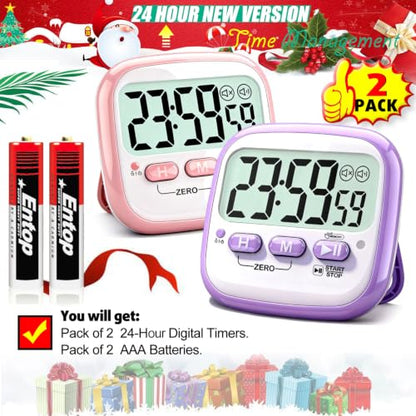 Antonki 2 Pack Classroom Timers for Kids Teachers, Magnetic Countdown Digital Kitchen Timer for Cooking, Study, Exercise, Games, Time Mangement - Loud/Silent Mode - Battery Included - color: Pink & Purple