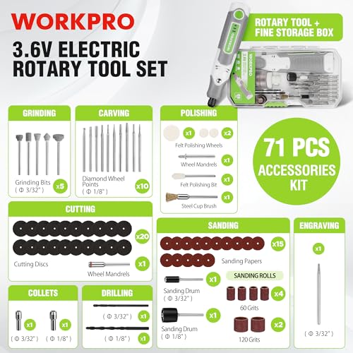 WORKPRO Cordless Rotary Tool, 71PCS Kit for Carving, Polishing & DIY Crafts - color: White