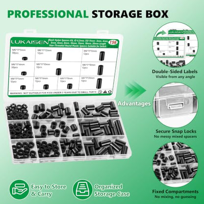 156Pcs M6 Black Nylon Spacers Kit, 3-20mm for M6 Screws Bolts - size: 156PCS M6