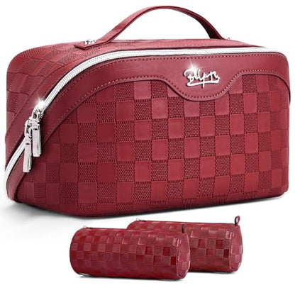 BOYATU Travel Makeup Bag Organizer: 180°Open-Flat 3 Pcs Make up Bags Set - color: 01-F-Red