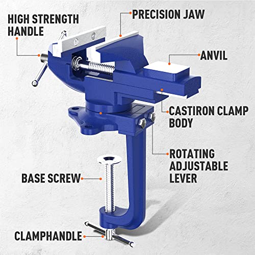 2-in-1 Bench Vise For Workbench 3.2"- Multi-functional Portable 360° Swivel Base Bench Clamp On Vice/Table Vise For Woodworking, Cutting Conduit, Drilling, Metalworking, Blue - style: 3'' Blue 2in1