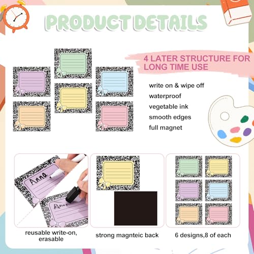 48 Pcs Pastel Dry Erase Magnetic Labels, Composition Notebook - style: Composition Notebook