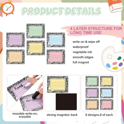 48 Pcs Pastel Dry Erase Magnetic Labels, Composition Notebook - style: Composition Notebook