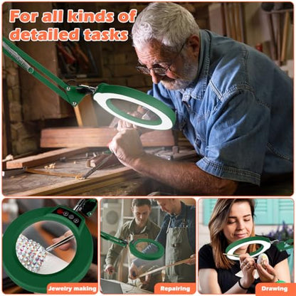 12X Magnifying Glass with Light and Stand, Real Glass Lens Desk Lamp, Lighted Magnifier with Light Stepless Dimming Hands Free for Craft, Reading, Painting, Sewing, Solder - Green - color: Green