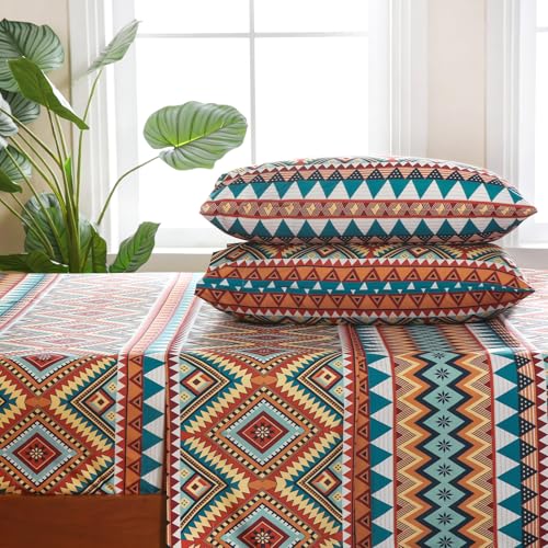 CozySmile 4 Pieces Queen Sheet Set Bohemian, Boho Sheets Soft Microfiber Deep Pocket, Western Sheets Geometric(Queen, Rust Turquoise Diamond) - color: B-rust Turquoise Diamond, size: Queen