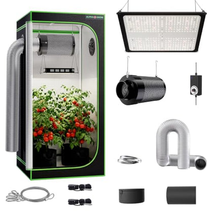 32x32 Complete Grow Tent Kit with LED Grow Light and Fan Filter, 32"x32"x63" 1680D Mylar Indoor Grow Tent System with AG1000 100W Full Spectrum Light, 4 Inch 2-in-1 Carbon Filter Fan, Silver Ducting