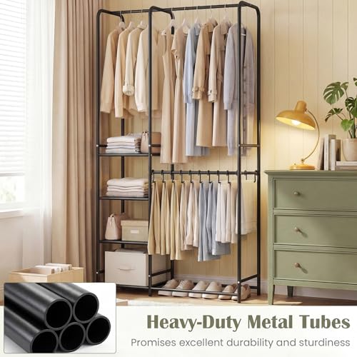 GIANTEX Clothes Rack with Pants Hangers, Heavy-Duty Metal Clothing Rack with 2 Hanging Rods & 4 Storage Shelves, Freestanding Garment Racks, Closet Organizer for Bedroom, Cloakroom (Black) - color: Black