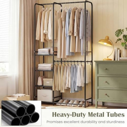 GIANTEX Clothes Rack with Pants Hangers, Heavy-Duty Metal Clothing Rack with 2 Hanging Rods & 4 Storage Shelves, Freestanding Garment Racks, Closet Organizer for Bedroom, Cloakroom (Black) - color: Black