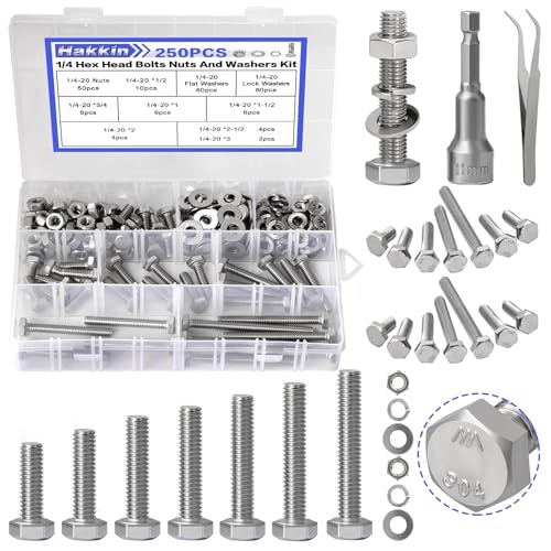 252Pcs 1/4-20 Hex Bolts and Nuts Kit, Stainless Steel Nuts and Bolts Assortment Kit, Fully Threaded Hex Bolt 1/4-20 x 1/2”, 3/4”, 1”, 1-1/2”, 2”, 2-1/2”, 3” Screws Nuts Flat Lock Washer Kit Hakkin - size: K. 1/4