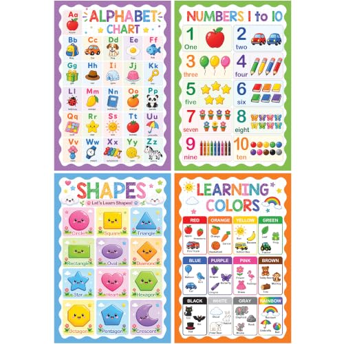 Set of 4 Educational Classroom Posters, Alphabet, Numbers, Shapes and Colors Wall Charts, ABC Alphabet Poster for Classroom Wall, Preschool Classroom Decor, Early Learning Visual Aids - color: Alphabet