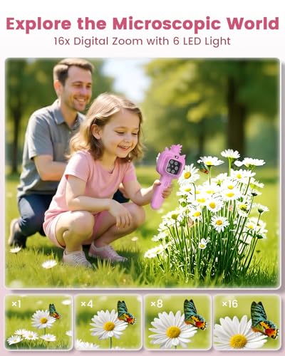 Outdoor Portable Kids Microscope: Handheld Microscope Auto Focus - color: Light Pink