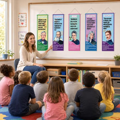 9 Pcs Famous Scientists Hanging Poster Educational Science Classroom Decor 41x16in Celebrity Inspirational Banner Decorations Motivational Wall Art for Back to School Classroom Library Office