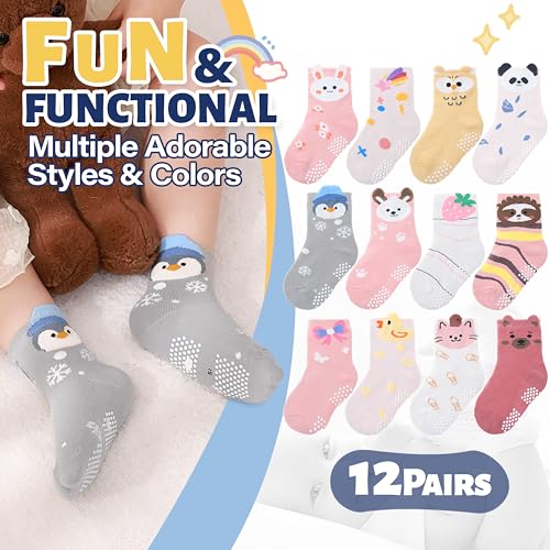 ANTSANG Baby Girls Toddlers Grips Socks, Kids Unicorn Crew Cotton Socks - color: Light Pink Animal(12 Pairs), size: 9-14 Years