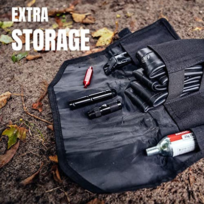 KOM Cycling Saddle Tool Roll Bag for Road, Mountain Biking, and Gravel Cycling - Saddle Roll is an alternative to the traditional Cycling Saddle Bag - Features 3 pockets and ATOP dial for tightening! - color: XL Black