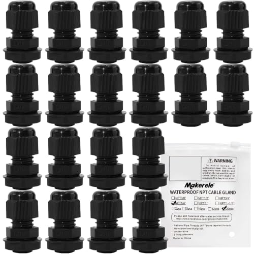 MAKERELE NPT 1/4” Cable Glands IP68 Waterproof Strain Relief Cord Connector - color: Black, size: 1/4" 20pcs BAG