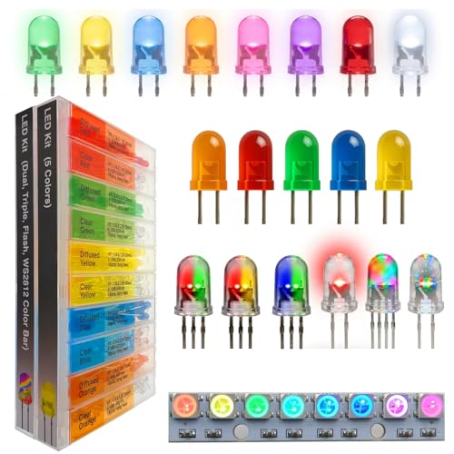 EEEEE (20 Types) 301 pcs Long Lead 5mm LED kit and LED diode Lights Emitting Diode LED Assortment Kit for Tiny Small led and Single led Light 5mm WS2812 RGB Flash Dual Color tri Color
